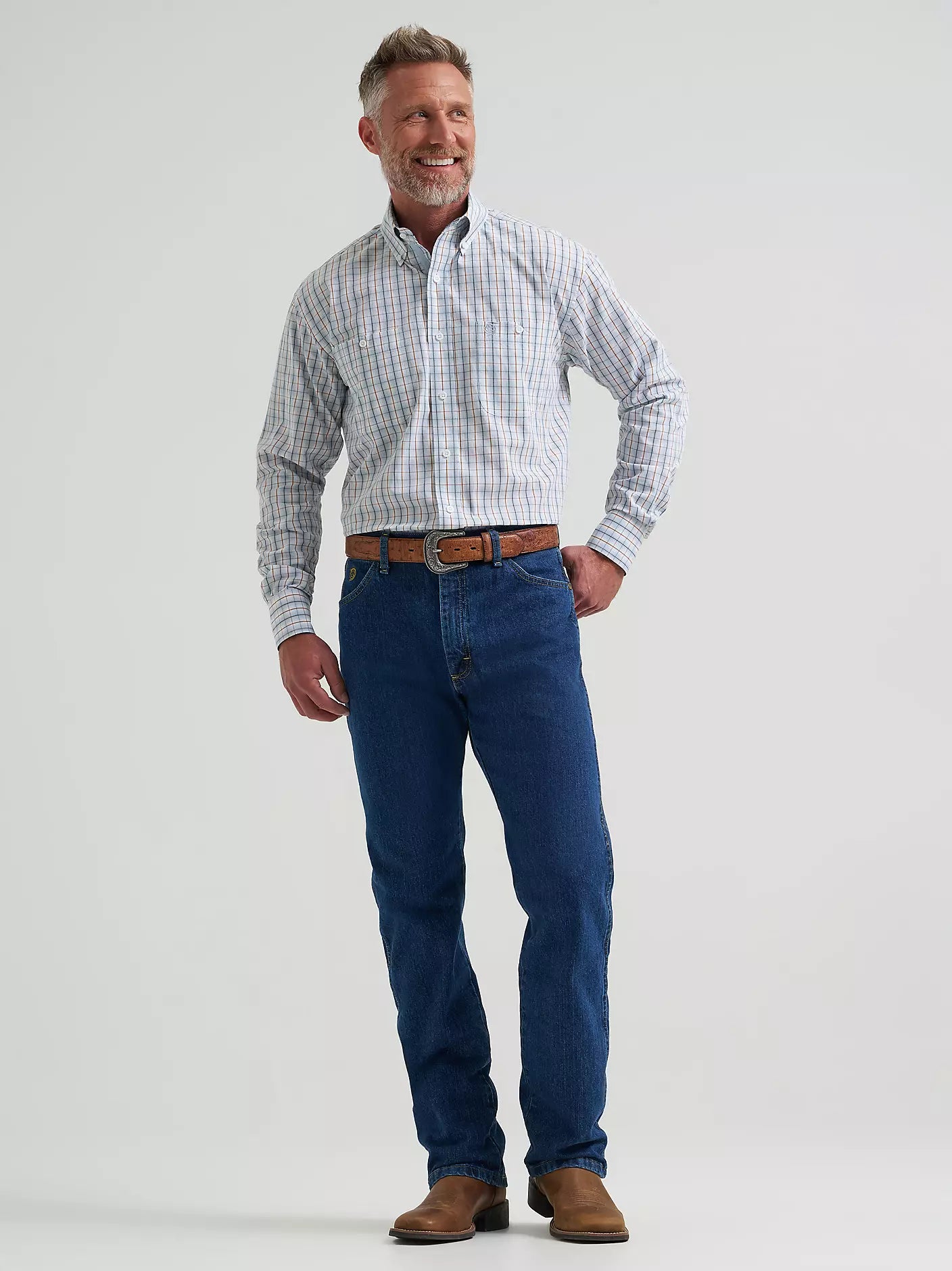 Wrangler® George Strait™ Long Sleeve Button Down Two Pocket Shirt in Steely Blue Check