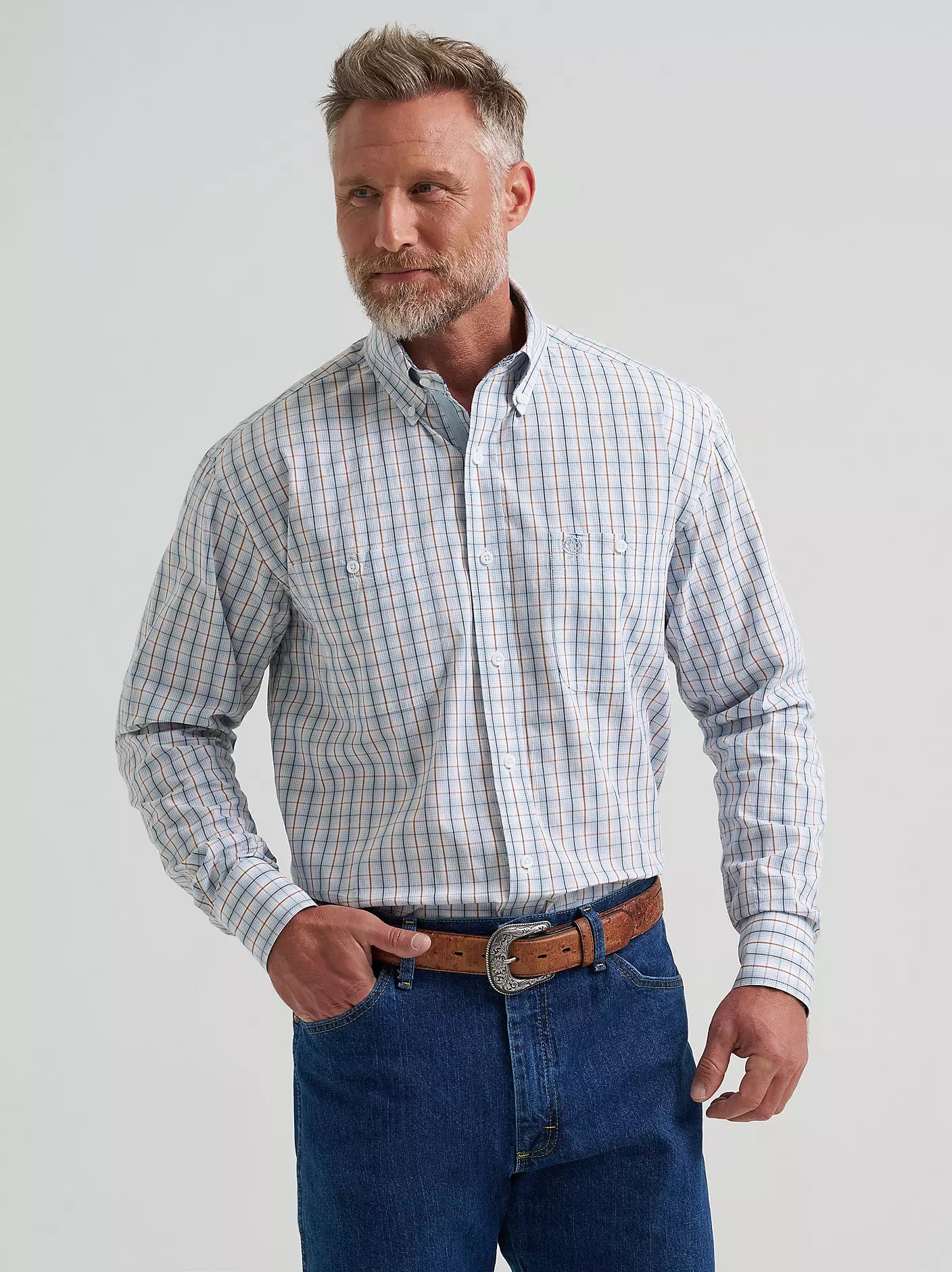 Wrangler® George Strait™ Long Sleeve Button Down Two Pocket Shirt in Steely Blue Check
