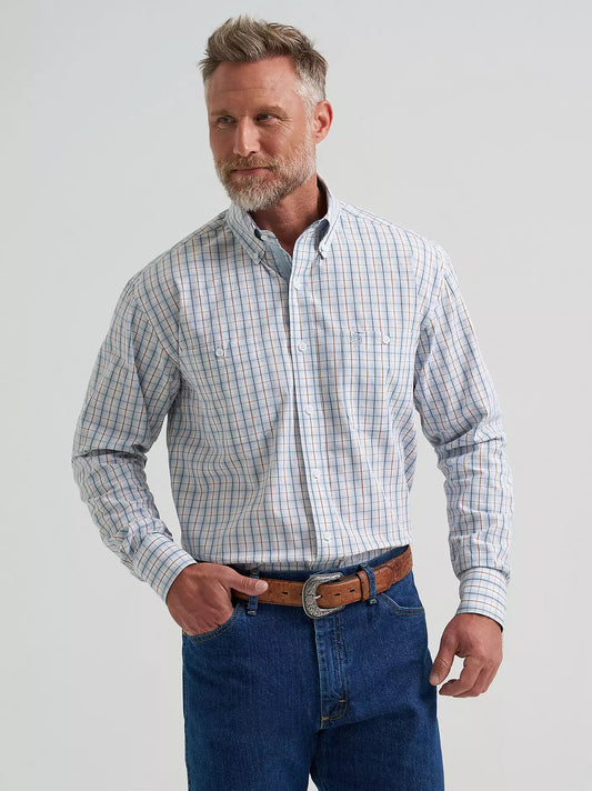 Wrangler® George Strait™ Long Sleeve Button Down Two Pocket Shirt in Steely Blue Check