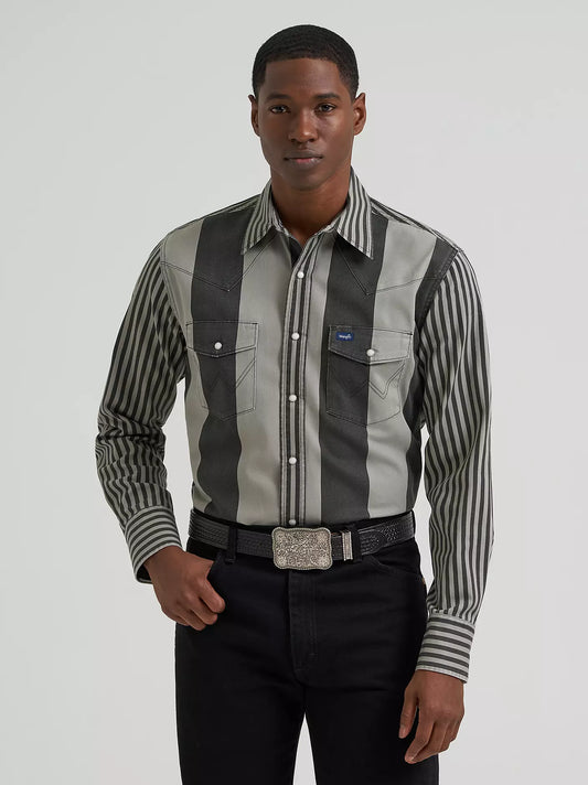 Wrangler Vintage-Inspired Brushpopper Western Snap Workshirt in Smoky Stripes