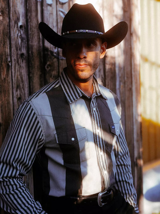 Wrangler Vintage-Inspired Brushpopper Western Snap Workshirt in Smoky Stripes