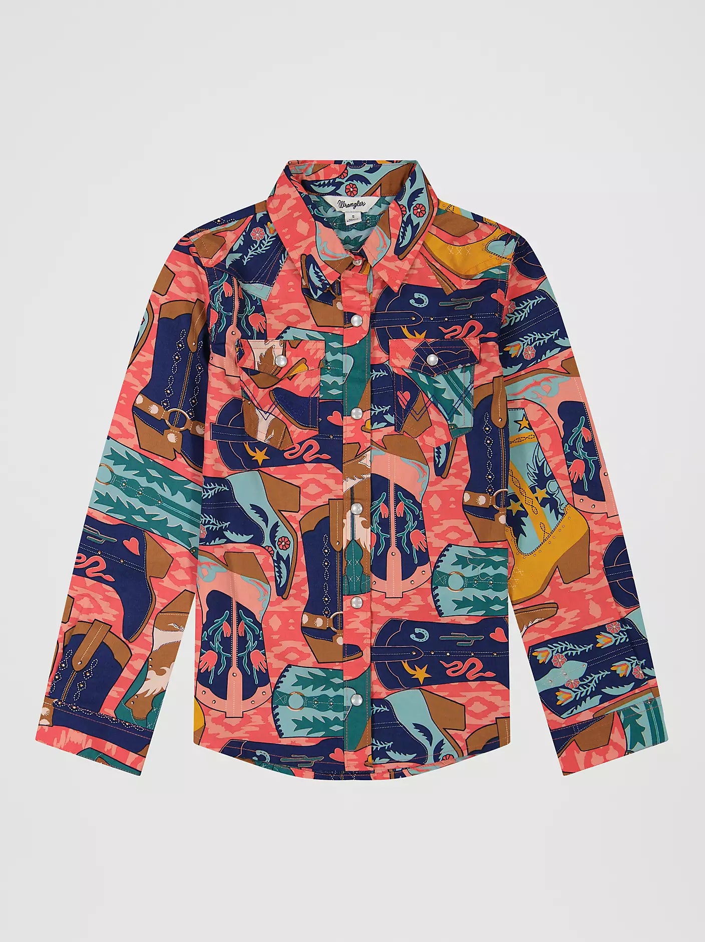 Wrangler Girl's Pink Bold Print Western Snap Shirt