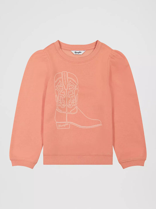 Wrangler Girl's Puff Sleeve Graphic Fleece Sweatshirt in Pink