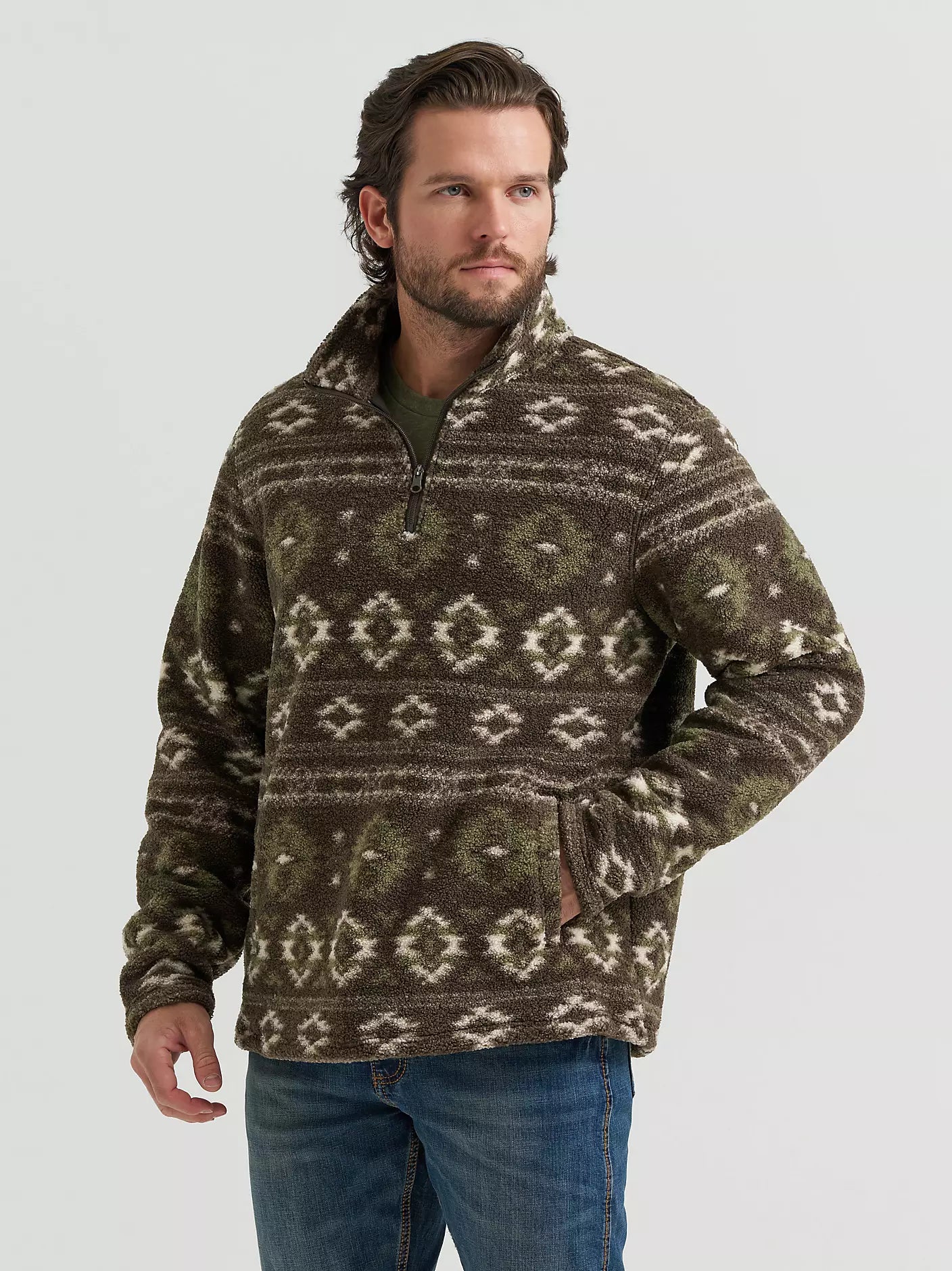 Wrangler Men's Hay Away Sherpa Quarter-Zip Pullover in Black Olive