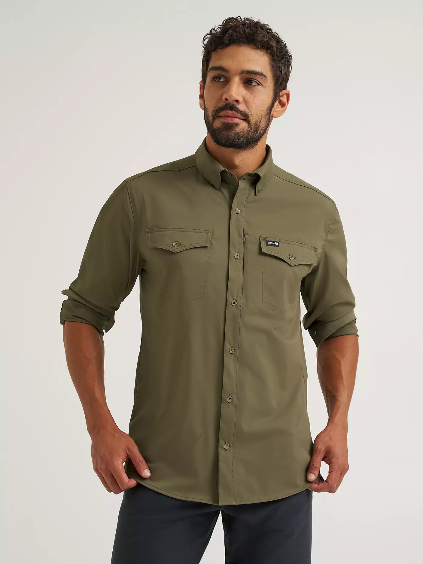 Wrangler All Terrain Gear Men's Live-In Solid Shirt in Olive Night