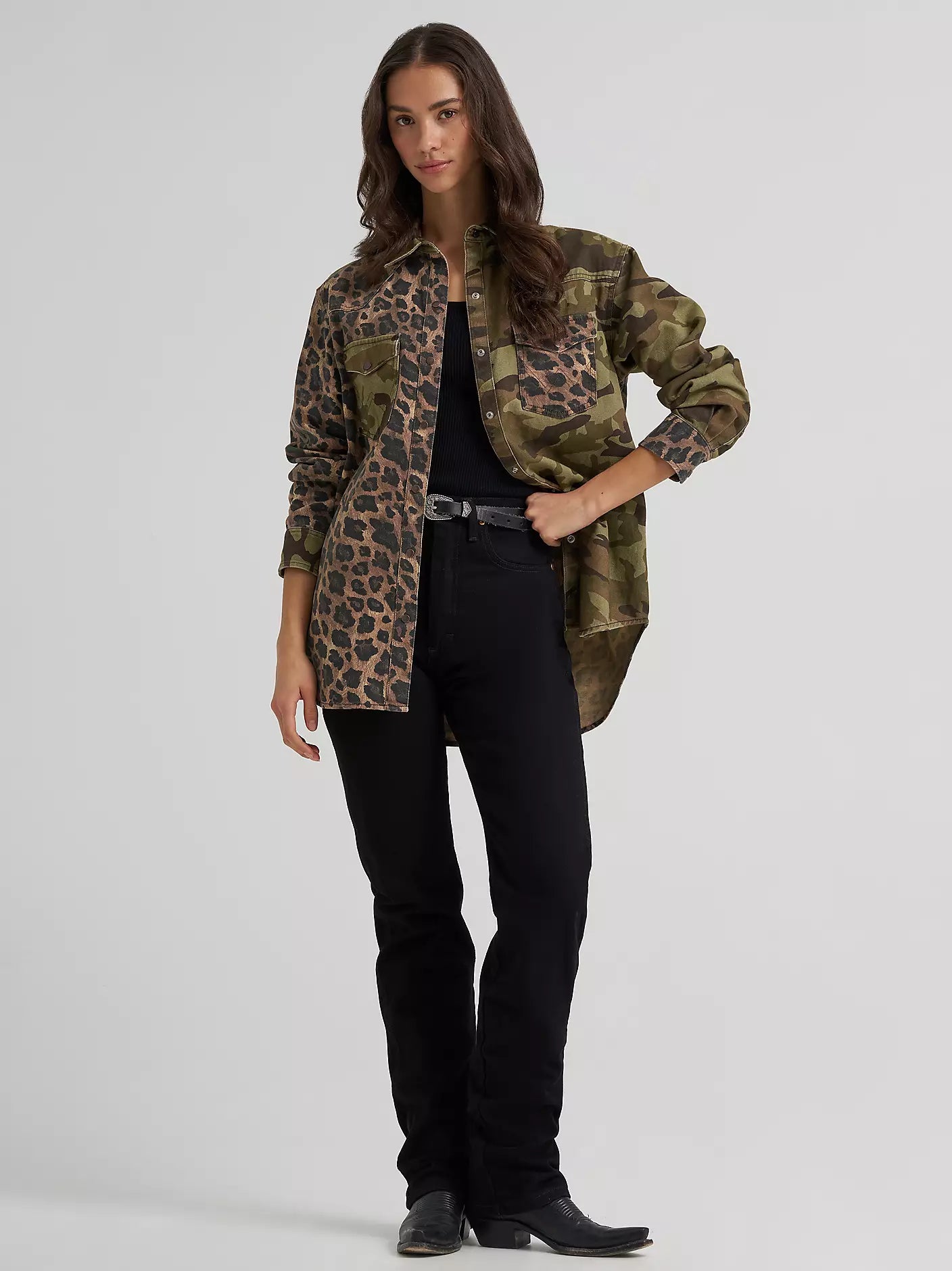 Wrangler Camo Leopard Boyfriend Western Snap Shirt