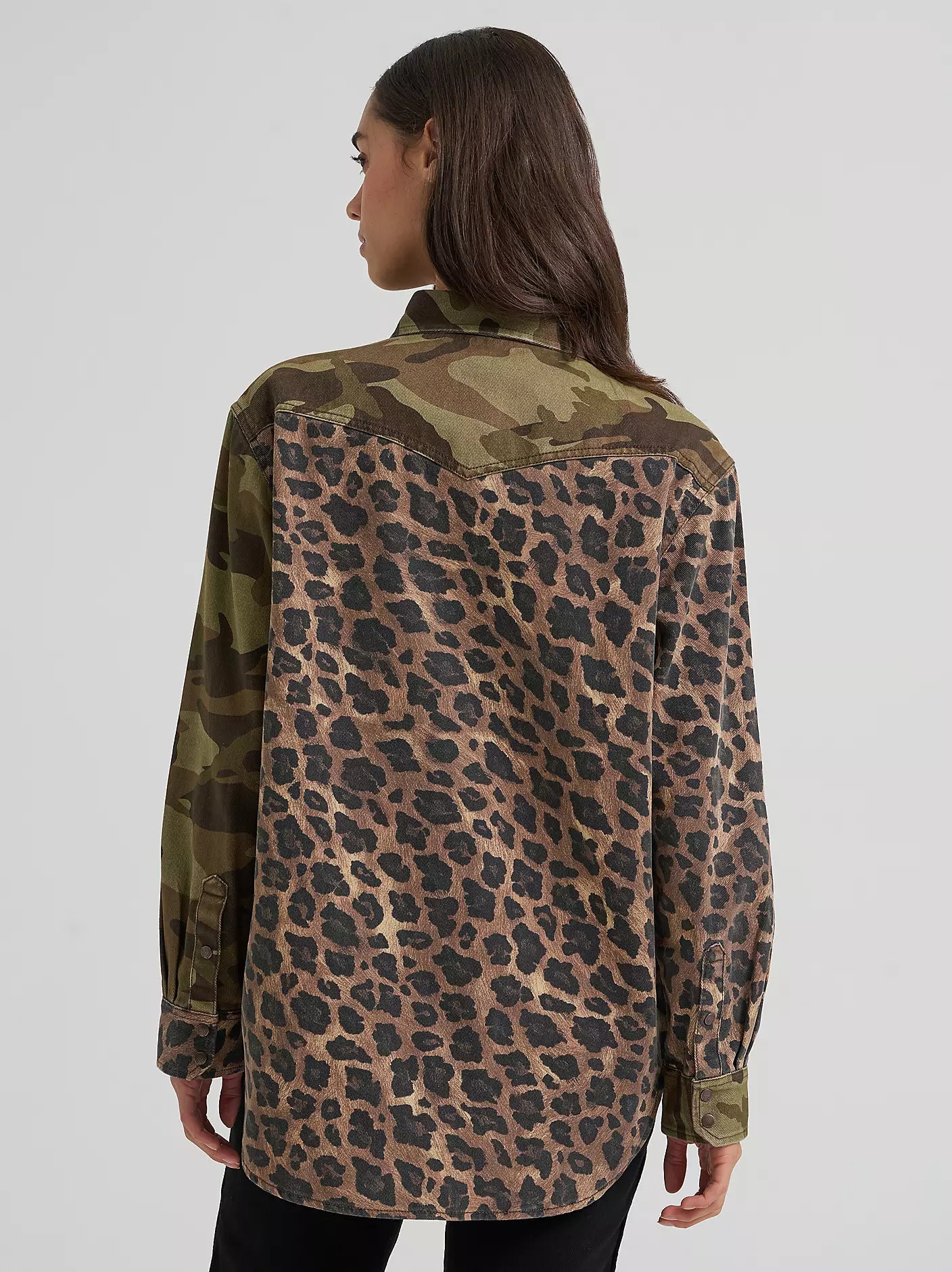 Wrangler Camo Leopard Boyfriend Western Snap Shirt