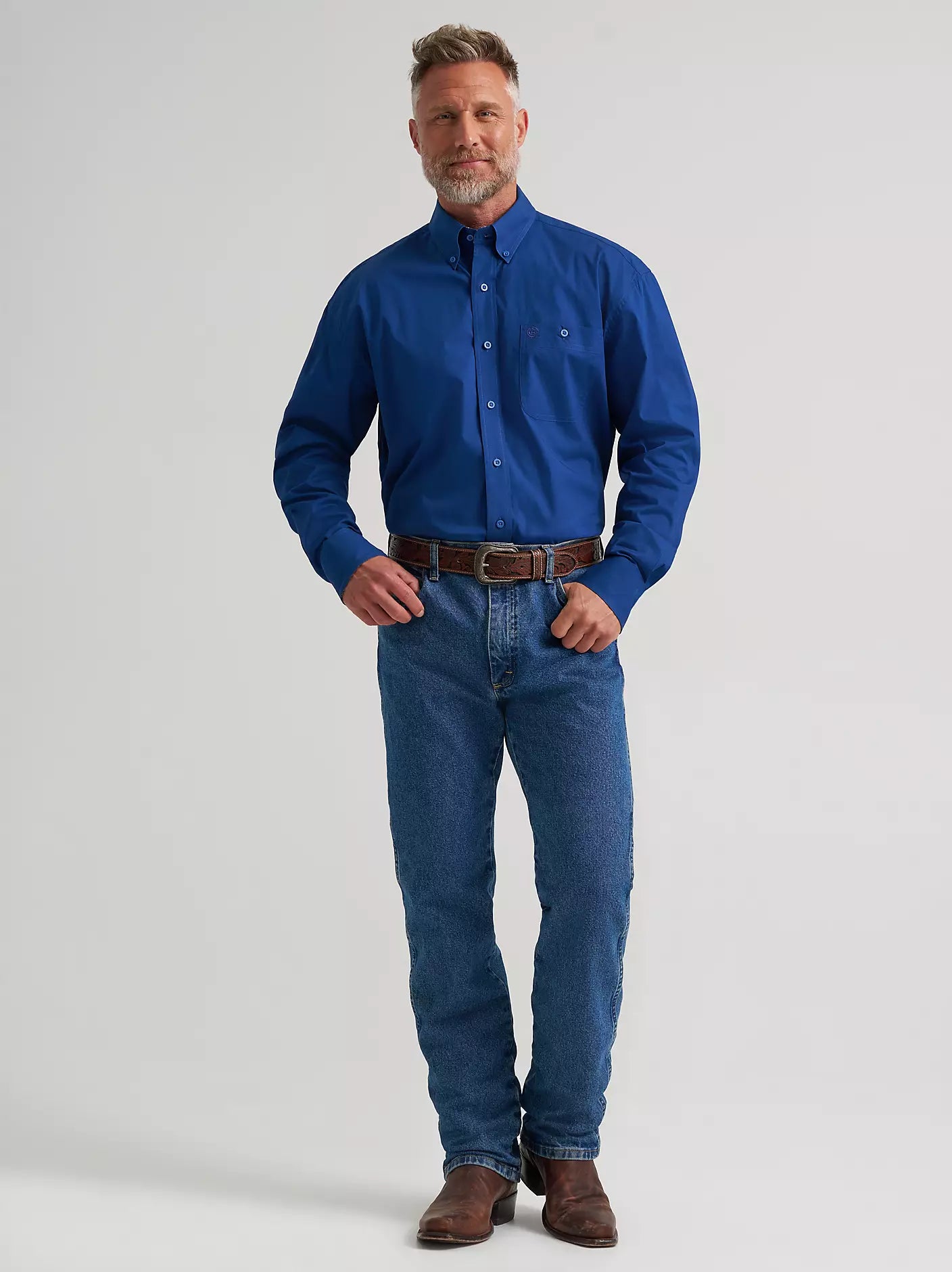 Wrangler® George Strait™ Solid One Pocket Button Down Shirt in Blue Creek