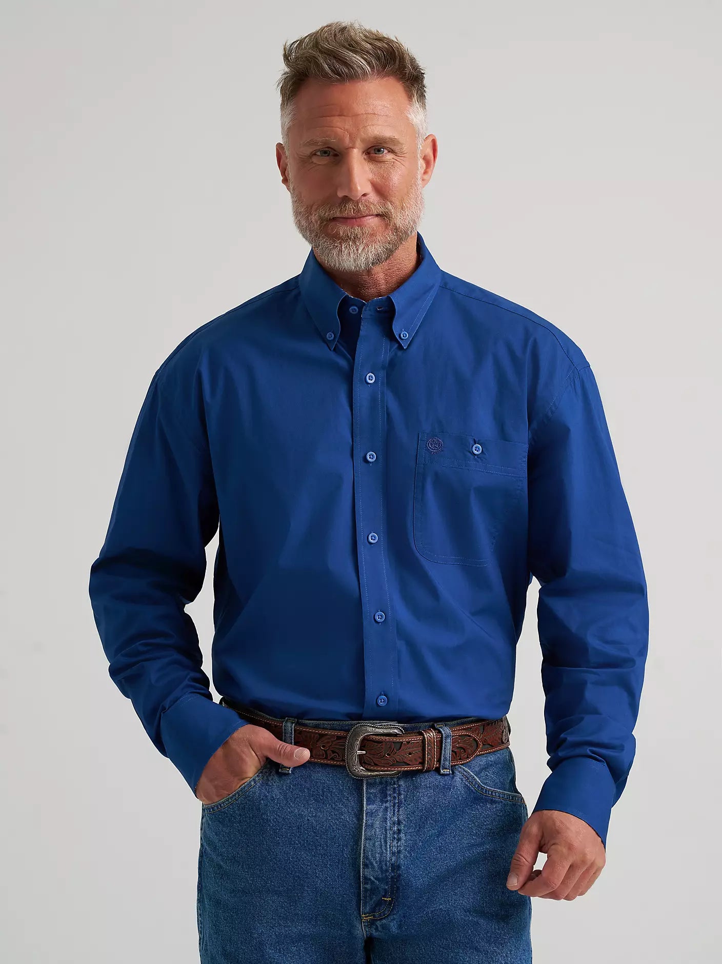 Wrangler® George Strait™ Solid One Pocket Button Down Shirt in Blue Creek