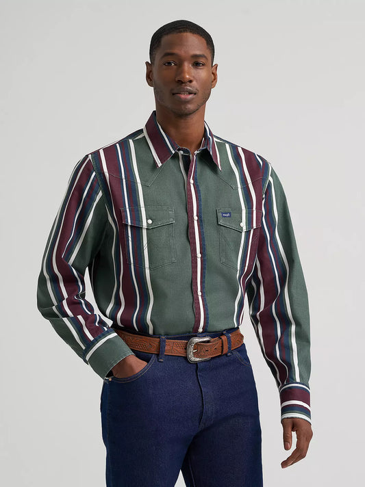 Wrangler Vintage-Inspired Brushpopper Western Snap Workshirt in Field Olive