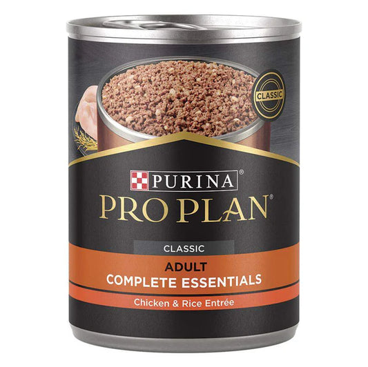 Can of Purina Pro Plan Classic Adult Complete Essentials with chicken and rice entree on a white background