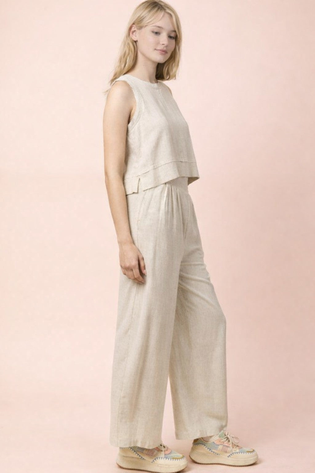 Woven Linen Sleeveless Top & Pants Set in Oatmeal