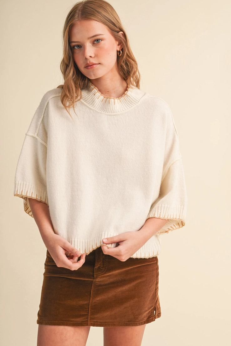 Contrast Blanket Stitch Mock Neck Short Sleeve Sweater in White Beige