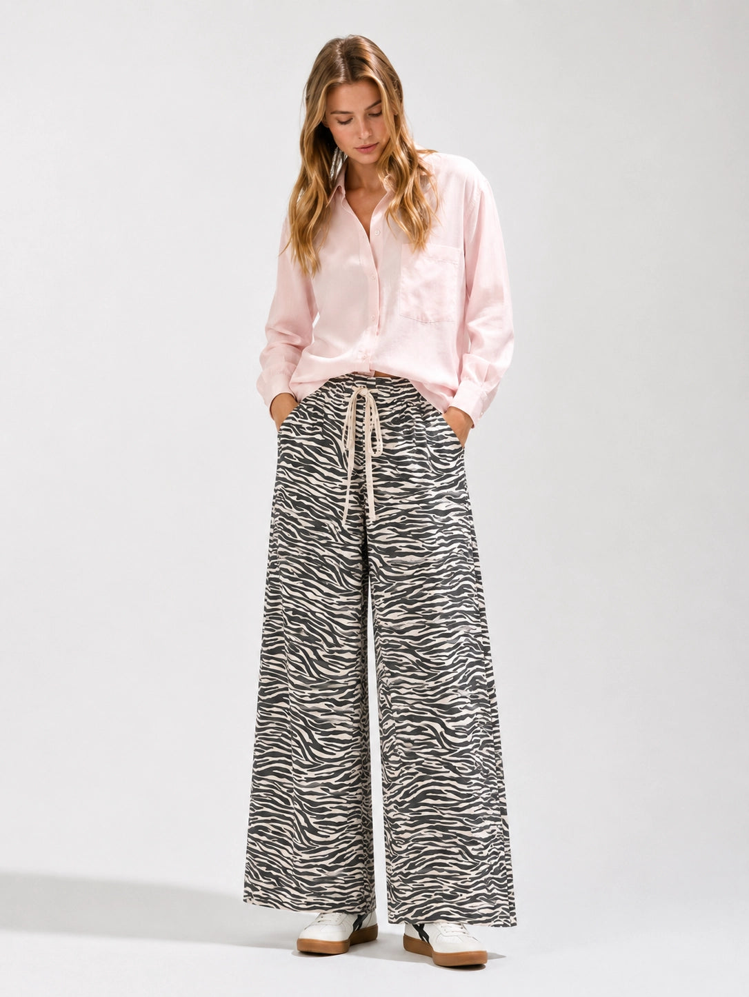 Noaboa Drawstring Waist Tie Wide Pants with Zebra Print