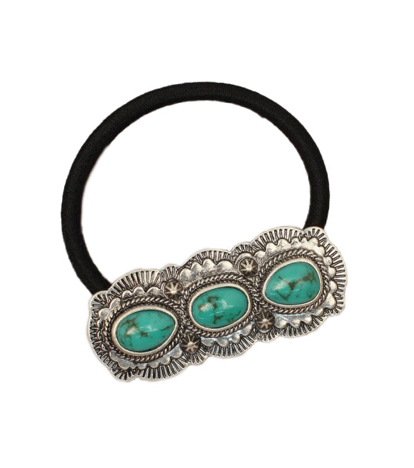Triple stone turquoise and silver hair tie on a white background