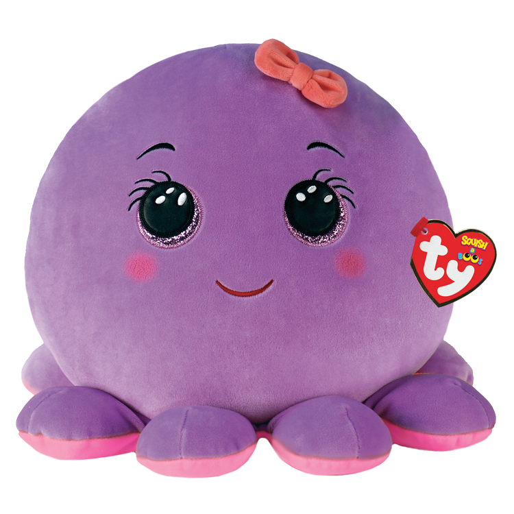 Purple octopus plush toy with a bow on, featuring a Ty Squish a Boos tag on a white background