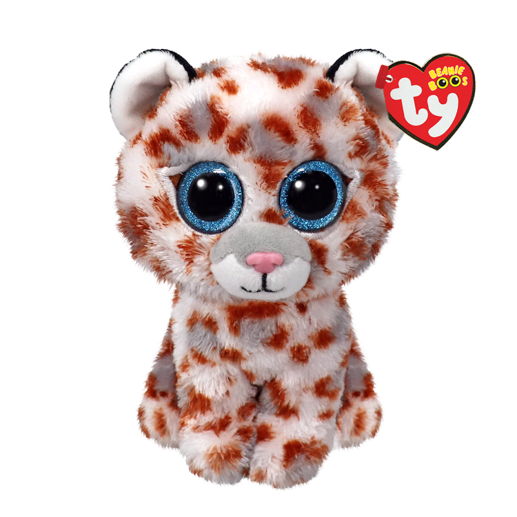 Plush toy leopard with Ty Beanie Boos tag on a white background
