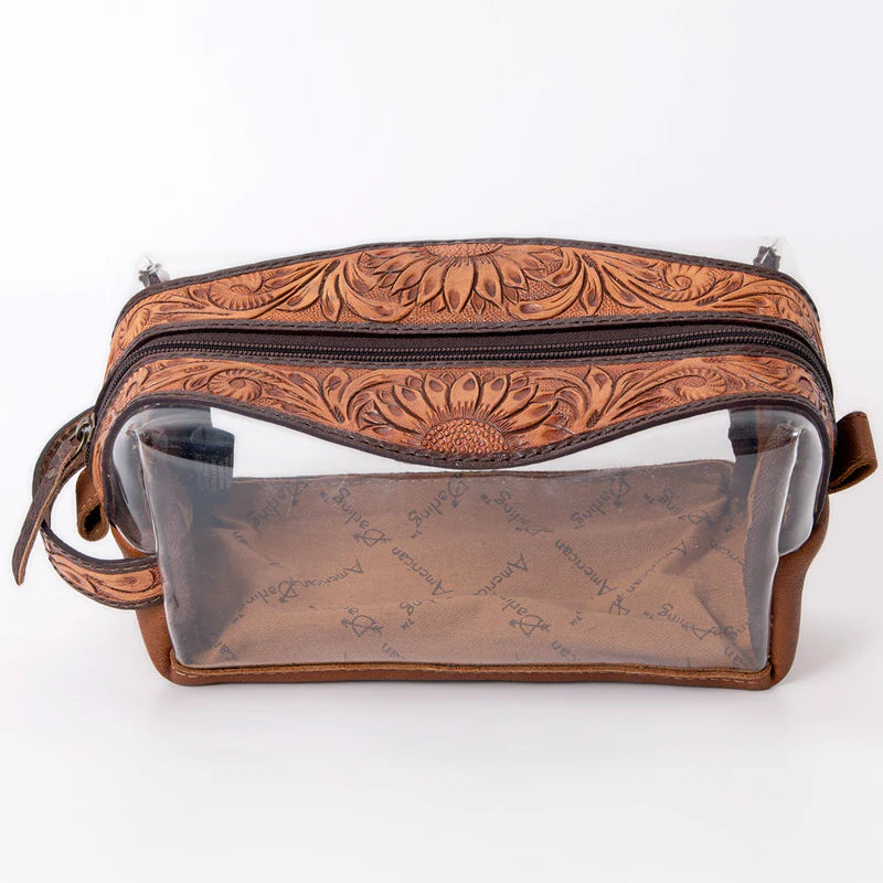 American Darling Clear Western Toiletry Bag with Tooled Leather Trim