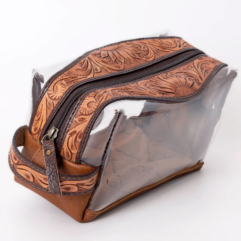 American Darling Clear Western Toiletry Bag with Tooled Leather Trim