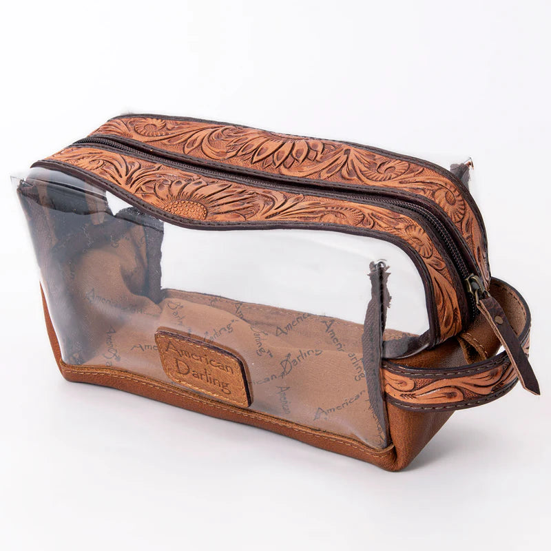 American Darling Clear Western Toiletry Bag with Tooled Leather Trim