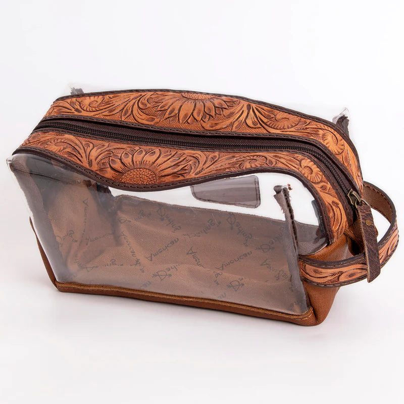 American Darling Clear Western Toiletry Bag with Tooled Leather Trim