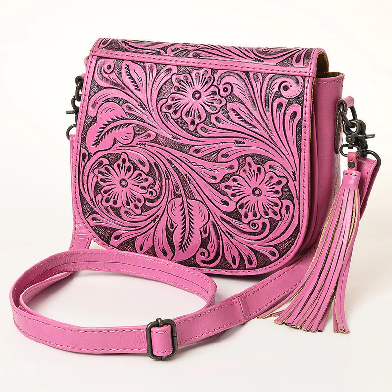 American Darling Hand-Tooled Pink Tassel Crossbody
