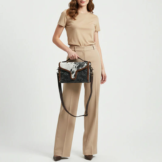 American Darling Hair-On Cowhide Leather Crossbody with Braided Trim & Handle