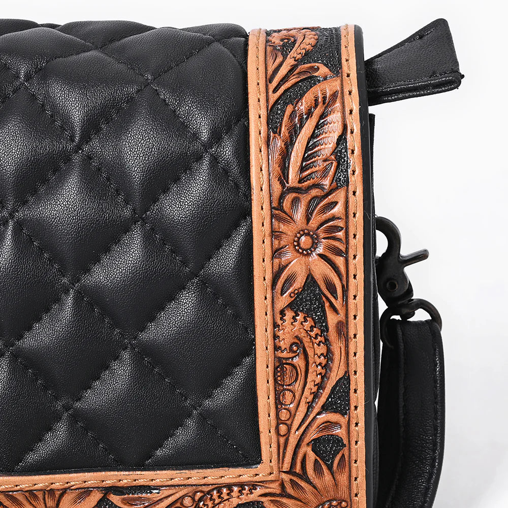 American Darling Black Quilted and Western Floral Tooled Leather Bag