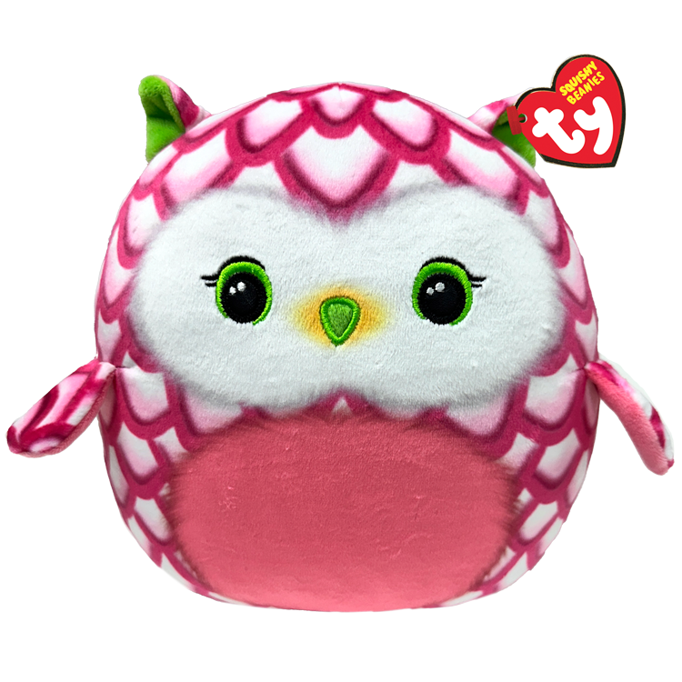 Round, plush toy owl with pink and white pattern and a Ty Squishy Beanies tag on a white background