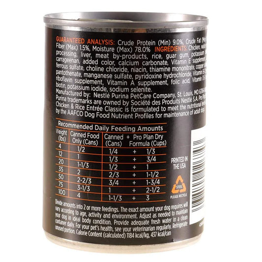 Back of a canned pet food can with guaranteed analysis, ingredients, and feeding amount information.