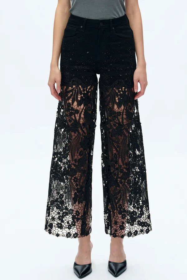 Bayeas Embroidery Wide Leg Lace Jeans with Rhinestones