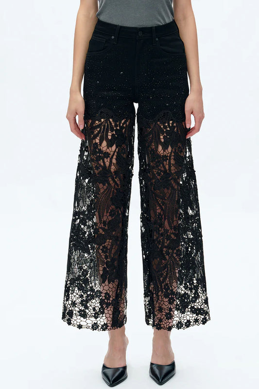 Bayeas Embroidery Wide Leg Lace Jeans with Rhinestones