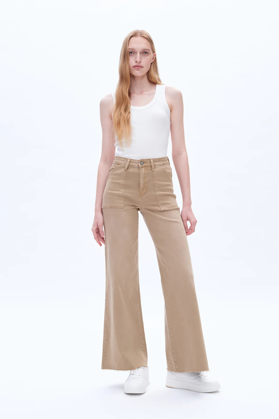 BAYEAS Utility Patch Pocket Wide Leg Khaki Denim Jeans