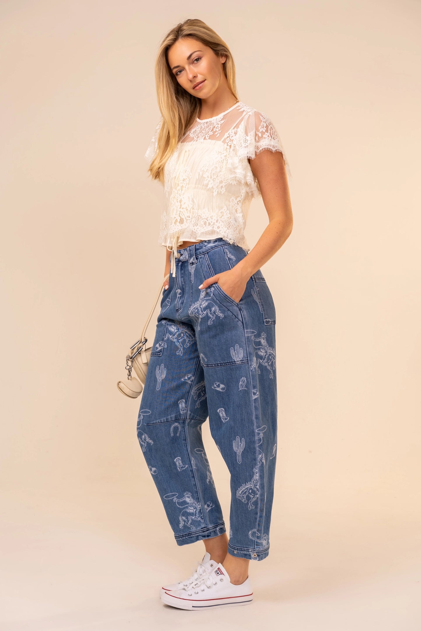 Blue B Western Print Barrel Leg Denim Jean