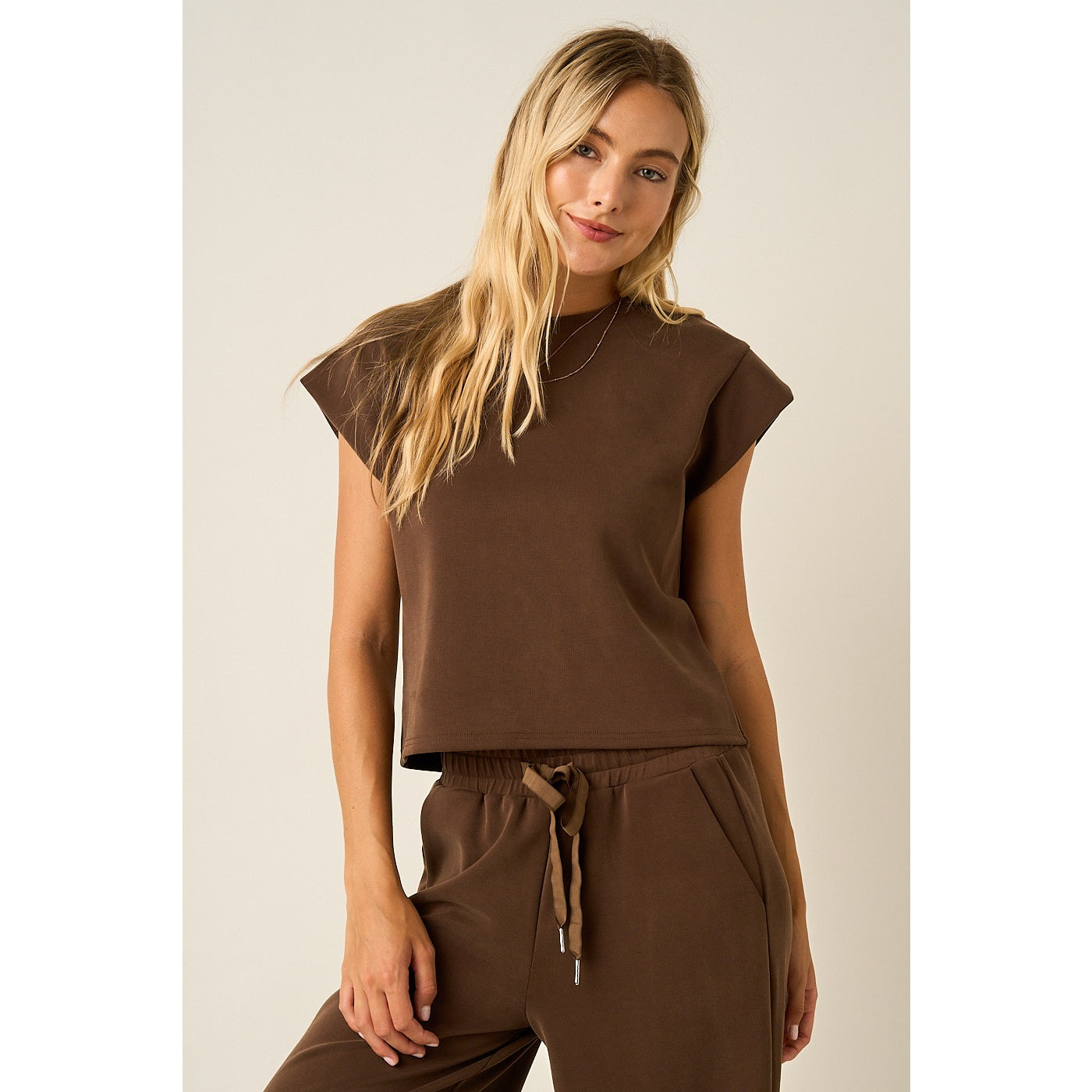 Cloud Knit Cap Sleeve Athleisure Top in Brown