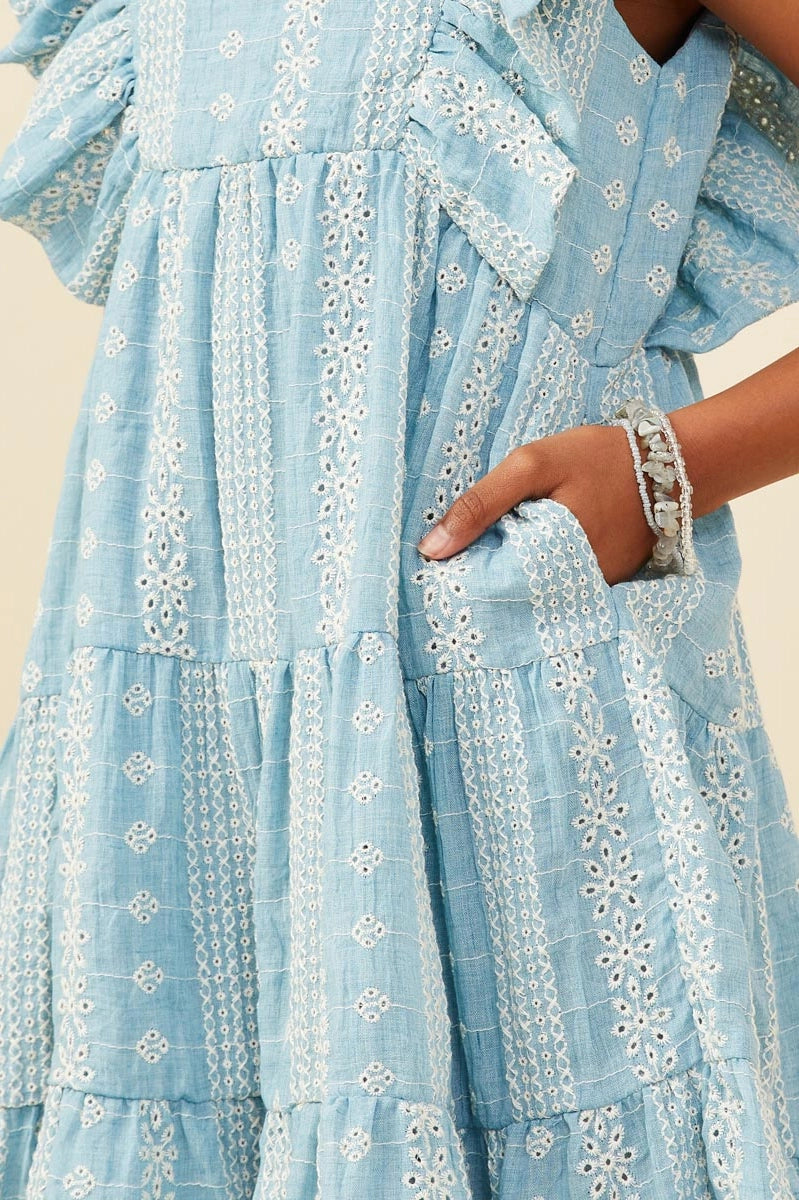 Girls Blue Embroidered Ruffled Lace Sleeveless Dress