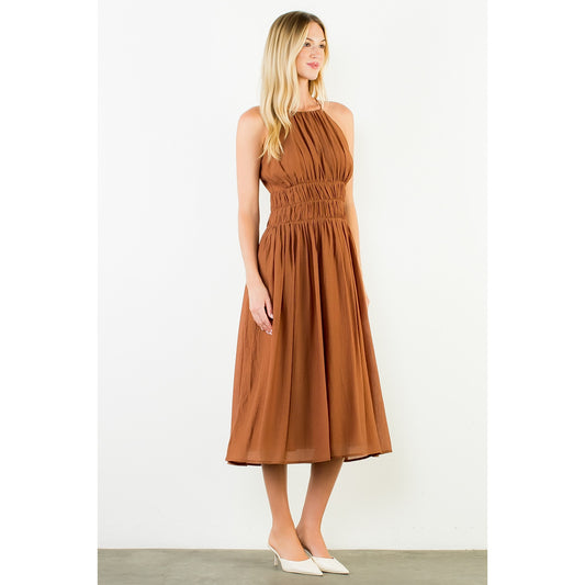 Sleeveless Crinkled Midi Dress in Brown
