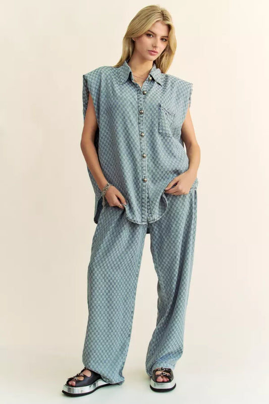 Checkered Denim Button Down Shirt & Long Pants Set