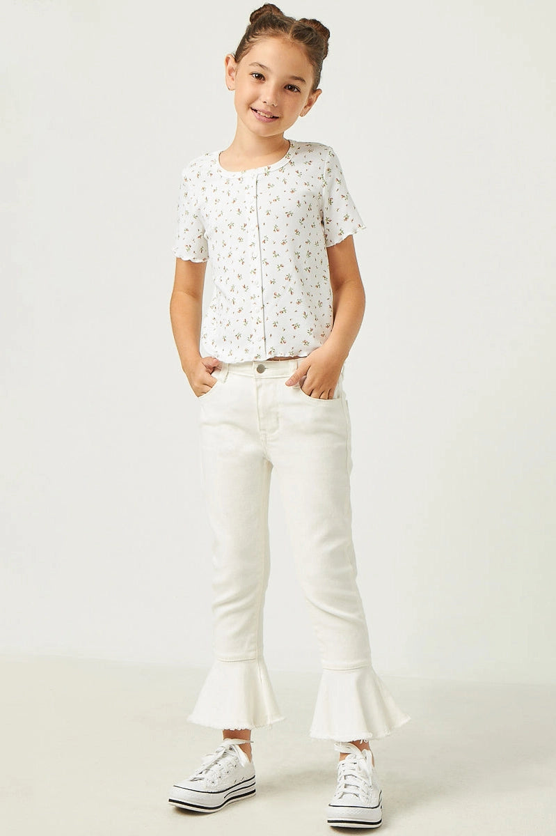 Girls Button Detail Ditsy Floral Knit T-Shirt