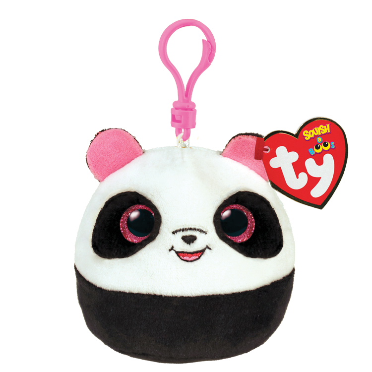 Plush panda keychain with pink accents  and a Ty Squish a Boos tag on a white background