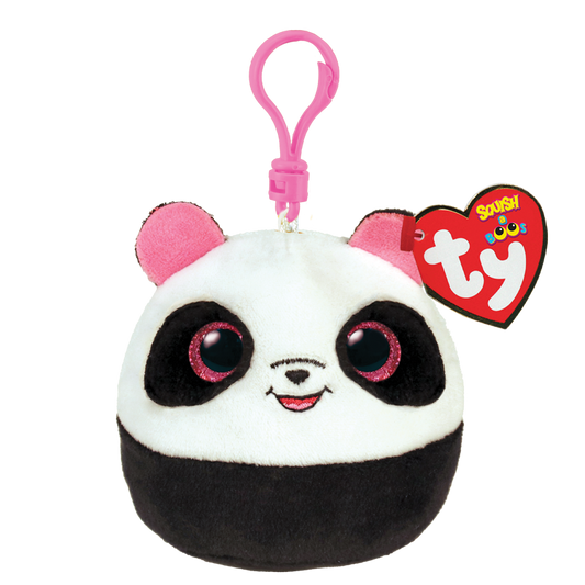 Plush panda keychain with pink accents  and a Ty Squish a Boos tag on a white background