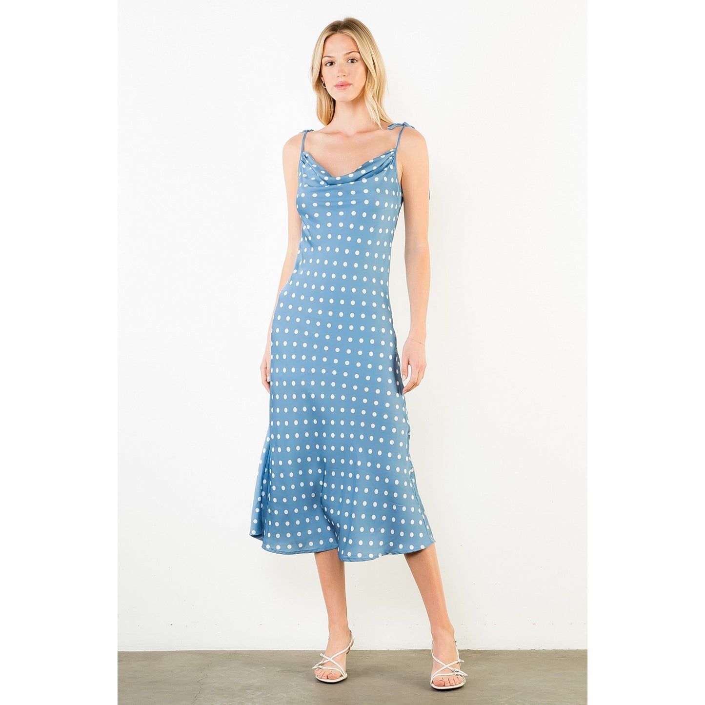 Tie Strap Blue & Polka Dot Midi Dress