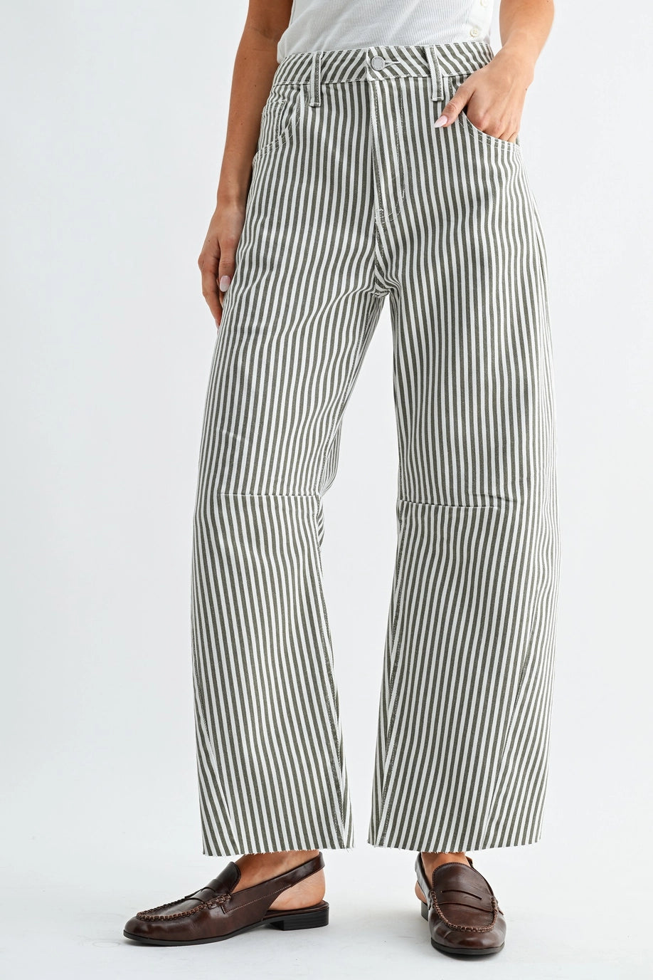 Olive Stripe Raw Hem Barrel Jean