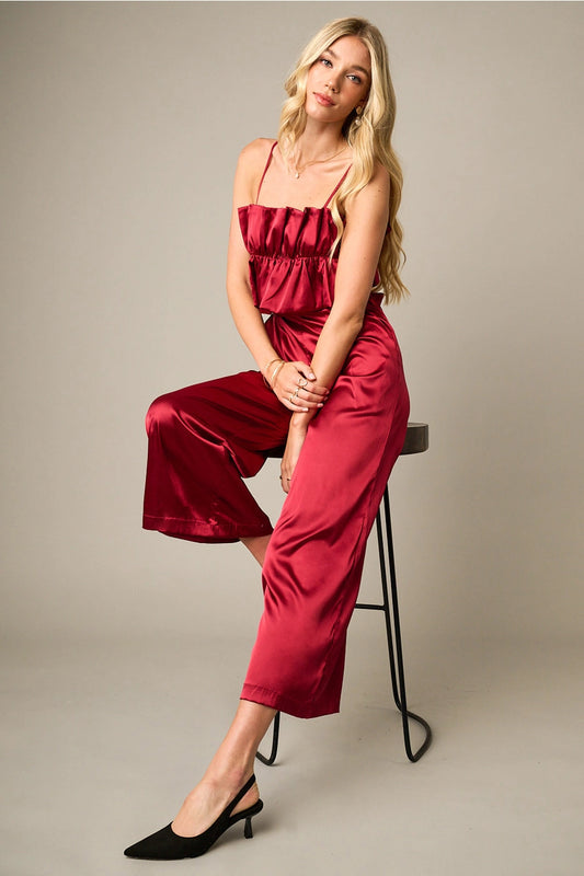 Satin Ruffle Bust Back Tie Wide Leg Jumpsuit in Wine