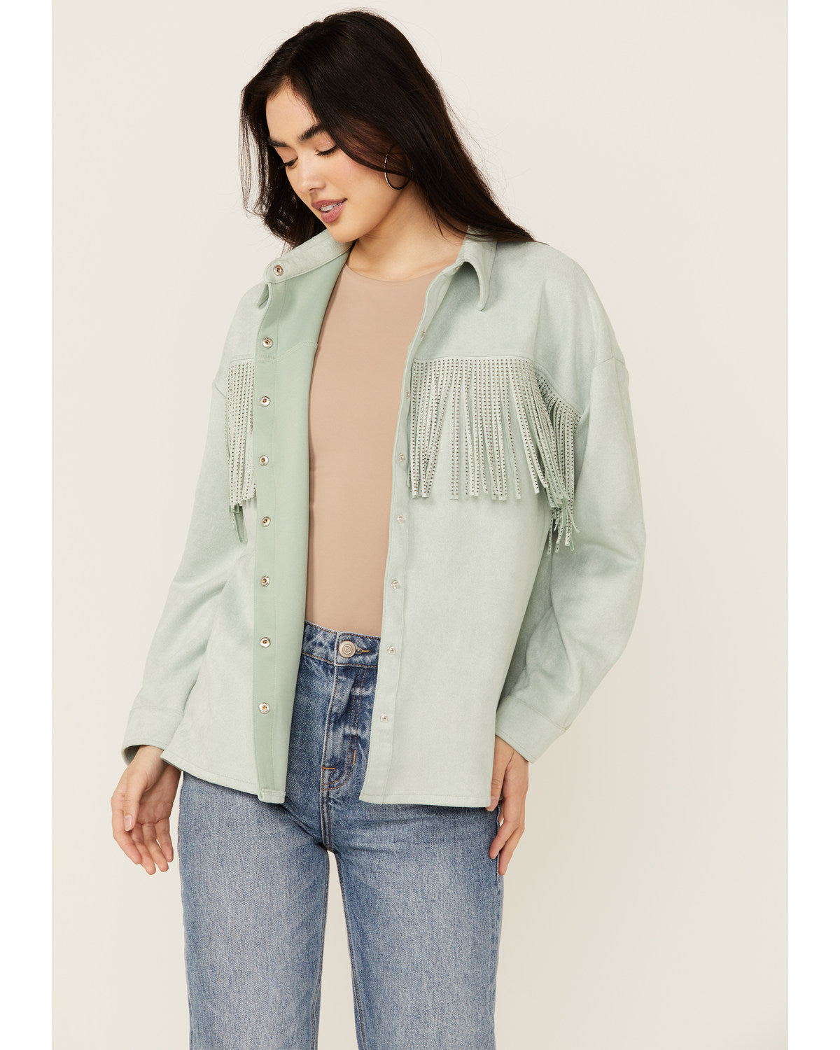 Rock & Roll Denim Faux Suede Front Fringe Shacket