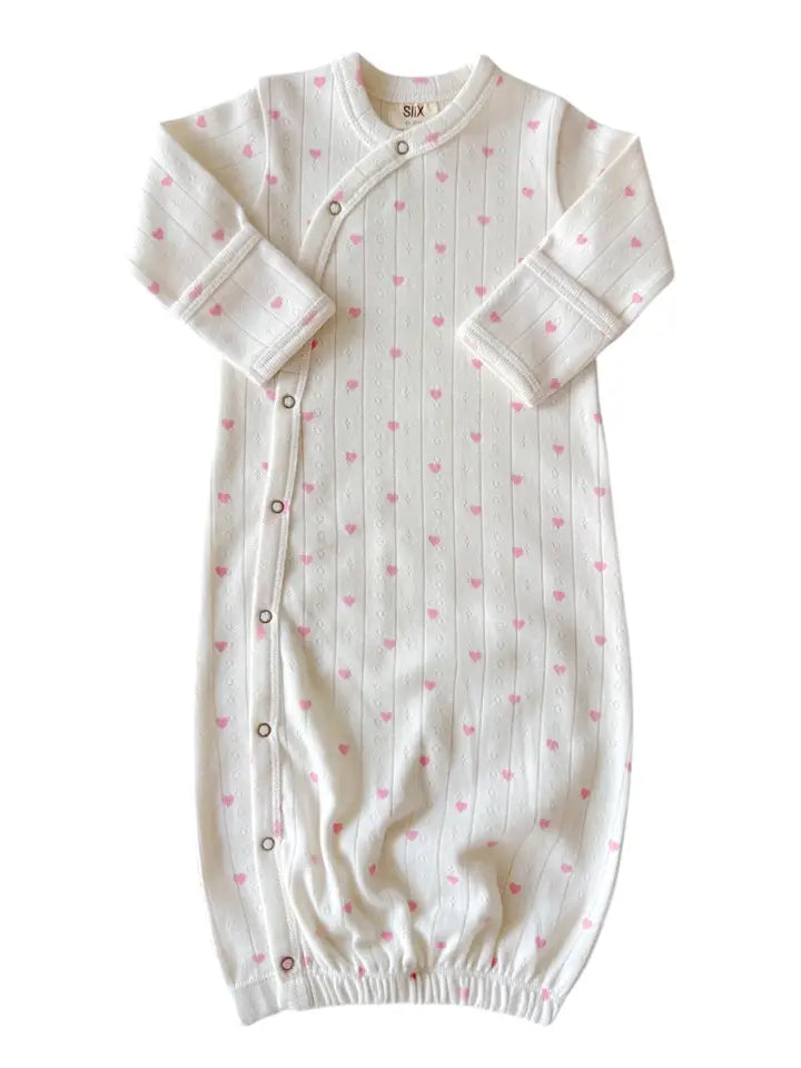 SIIX Collection Organic Pointelle Gown in White with Pink Hearts