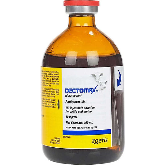 Amber glass bottle labeled 'Dectomax' with a red cap on a white background