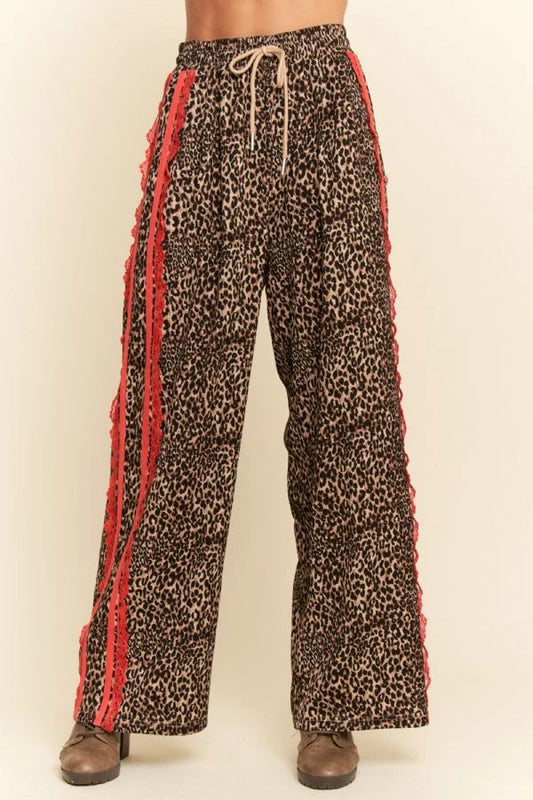 Davi & Dani Lace-Trim Leopard Wide Leg Pants