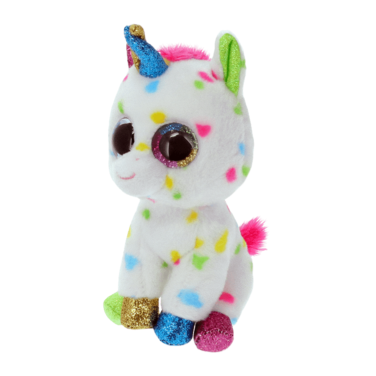Side view of a white unicorn with multicolored hooves and spots.