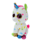 Side view of a white unicorn with multicolored hooves and spots.